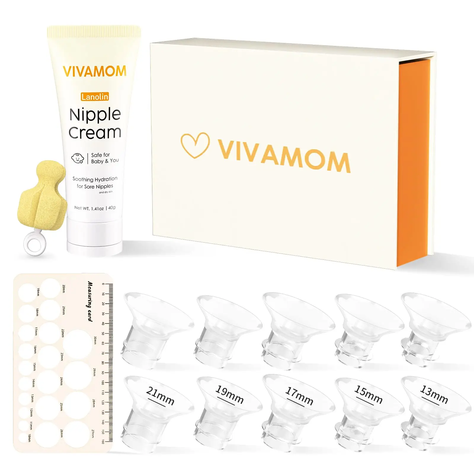 Flange Sizing Kit with Flange Inserts 10PCS & Lanolin Breastfeeding Cream & Nip-ple Ruler, Silicone Flange Insert, 13/15/17/19/21mm for 24mm Breastfee
