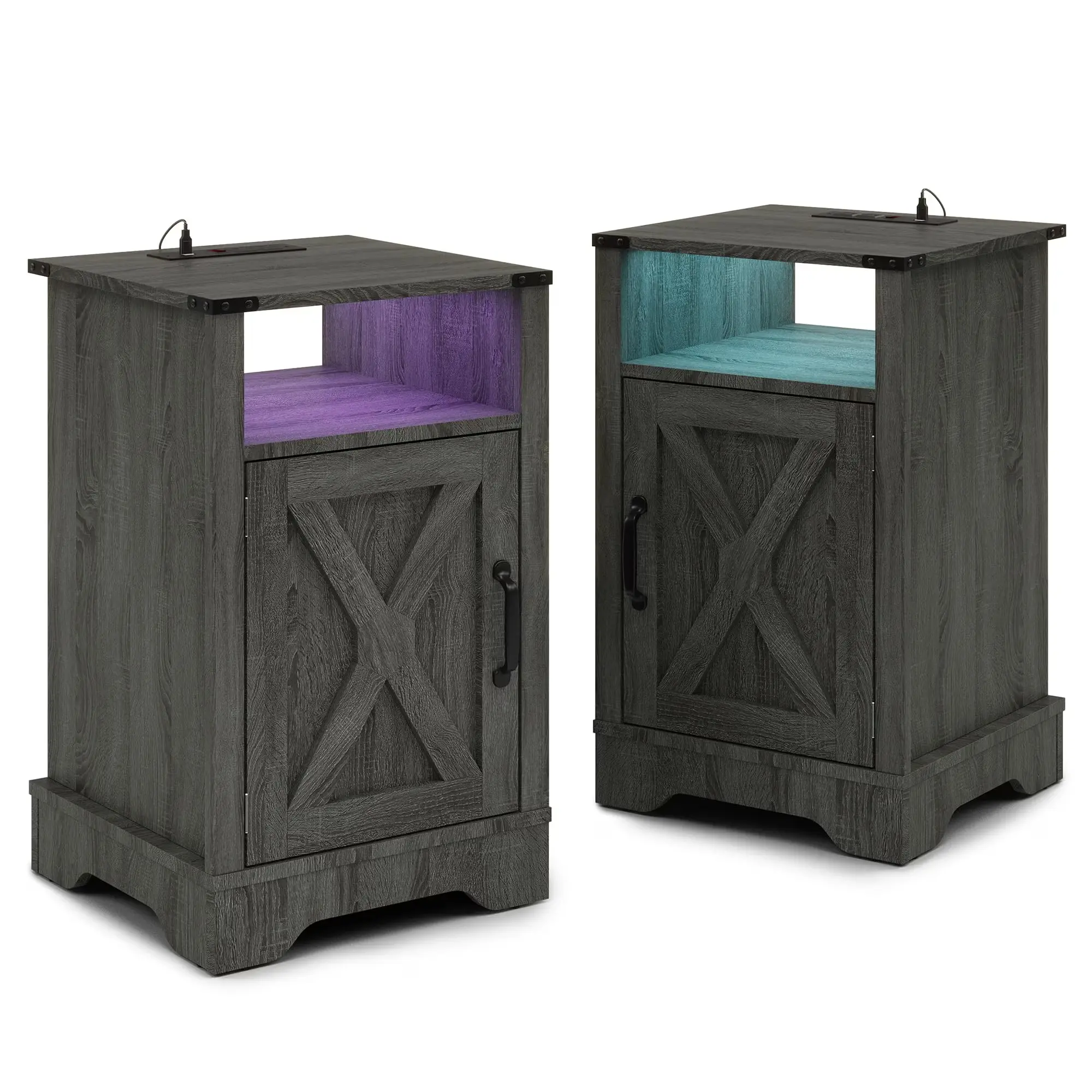 LED Nightstand Set of 2 with Charging Station, Bedside Table with Storage Cabinet and Shelf, Rustic End Table, Farmhouse Wooden Side Table, for Bedroom, Living Room