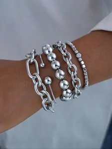 Silver Color Stackable Chain Bracelet Set, Adjustable Link Bracelet, 5-Piece Adjustable Alloy Pin Chain + Bead Bracelet, Fashion Layering Jewelry, Ideal Birthday Gift