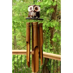Handmade Wooden Mini Owl Bamboo Wind Chime Wood Statue Figurine Hoot Sculpture Art Decorative Patio Garden Outdoor Decor Handcrafted Decoration