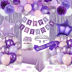 Purple Birthday Decorations, Purple Party Decorations, Pink and Purple Balloons Happy Birthday Banner Birthday Sash and Crown Tablecloth Fringe Curtain Paper Pom Poms for Kids Women Girls Bday Decor