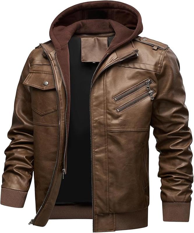 INVACHI Men's Retro Hooded Casual Faux Leather Long Sleeve Motorcycle Biker Jacket - Solid Zip Front, Removable Hood, All Seasons, Wind-Water Resistant, Breathable Polyester Menswear Top with Zippers, Pockets