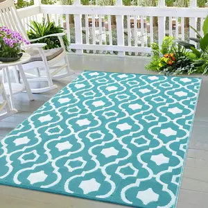 GARVEE Outdoor Rug 9x12 ft Waterproof for Patio, Plastic Reversible Area Rug Outdoor Balcony Mat, Portable Outside Straw Rug for Camping Tent RV Picnic, Light Blue & White