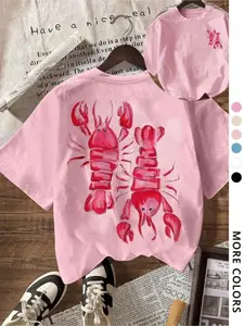 Lobster Print Casual Round Neck T-Shirt, Loose Fit Short Sleeve Graphic Tee Top for Men & Women, Summer Wear Plain Pattern Clothing