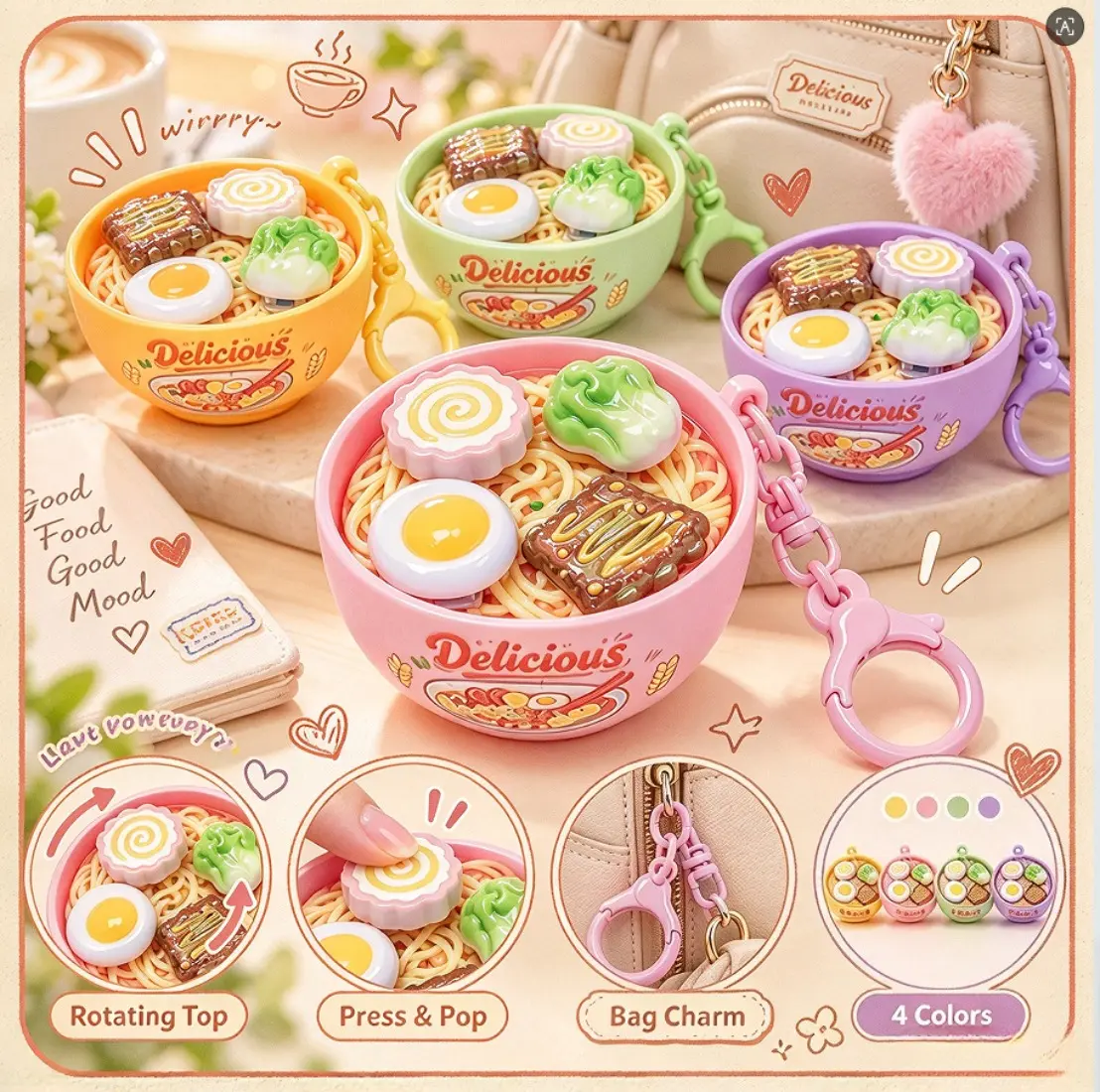 Ramen Noodle Fidget Keychain, Cute Kawaii Spinning Bag Charm with Pressable Design, Novelty Pendant for Backpacks, Tote Bags, Purses, Everyday Outfits, Street Style and Party Accessories