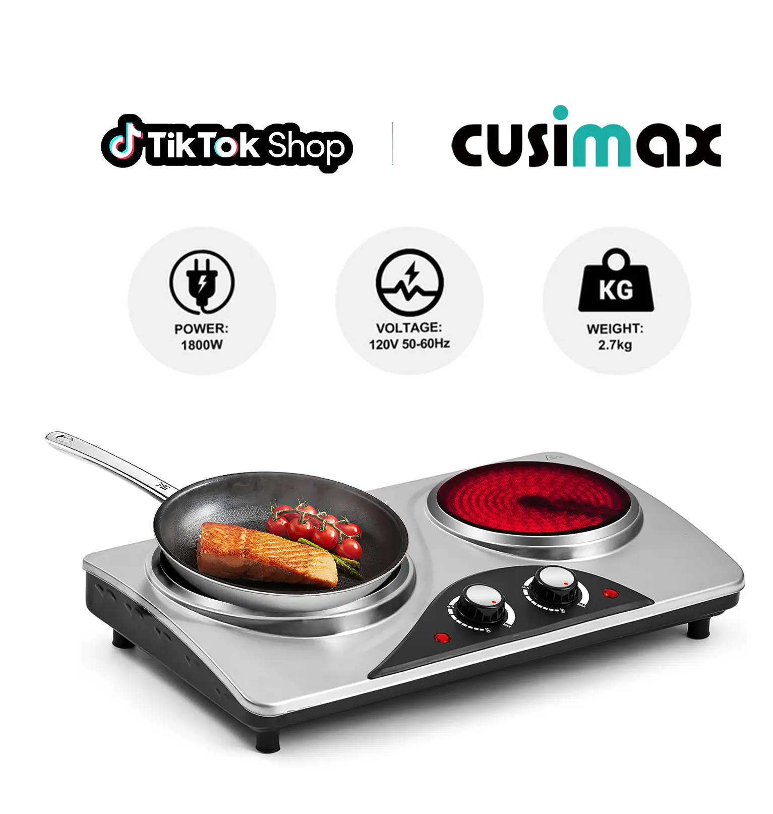 CUSIMAX Dual Control Ceramic Double Cooktop Induction Stove - 900W Portable Size Induction Hobs, Adjustable Temp, Easy-Clean Silver Stainless Steel Body, 120V US Plug, Rapid Heating Countertop Electric Hot Plate,SummerFinds