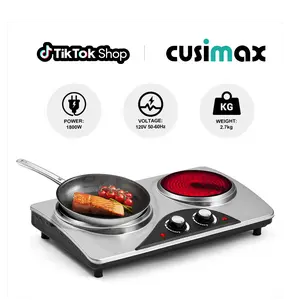 CUSIMAX Dual Control Ceramic Electric Hot Plate - Portable Compact Double Hot Plate with 900W Heating Elements, Adjustable Thermostat, Easy-Clean Silver Stainless Steel Body, US Plug, Rapid Heat Countertop Stove Induction Cooker Induction Cookware