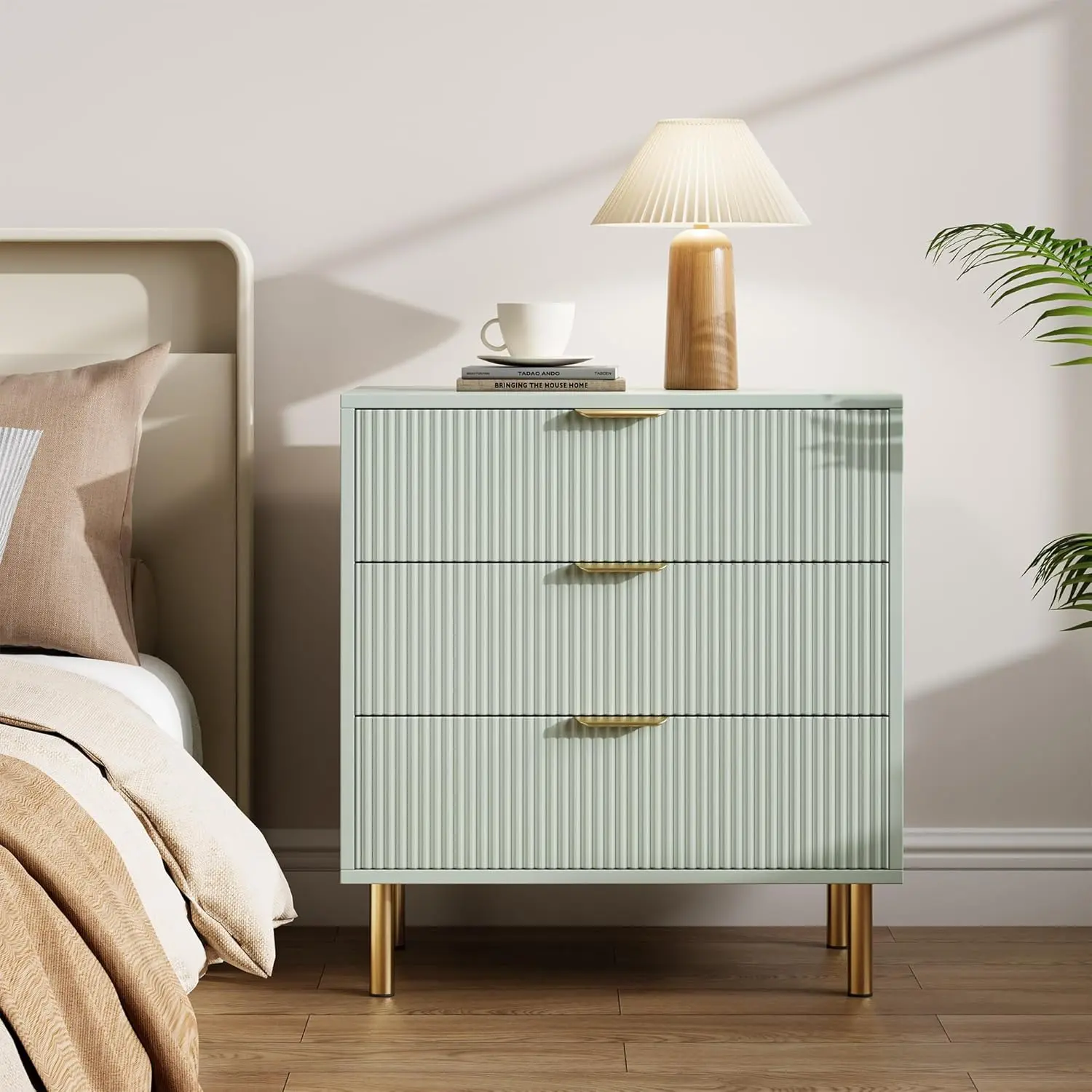 Green 3 Drawer Dresser for Bedroom - 30inch Tall Modern Chest of Drawers with Gold Metal Handles and Anti-Tipping Device - Fluted Wooden Dresser Organizer for Living Room/Hallway/Kids Room - Green