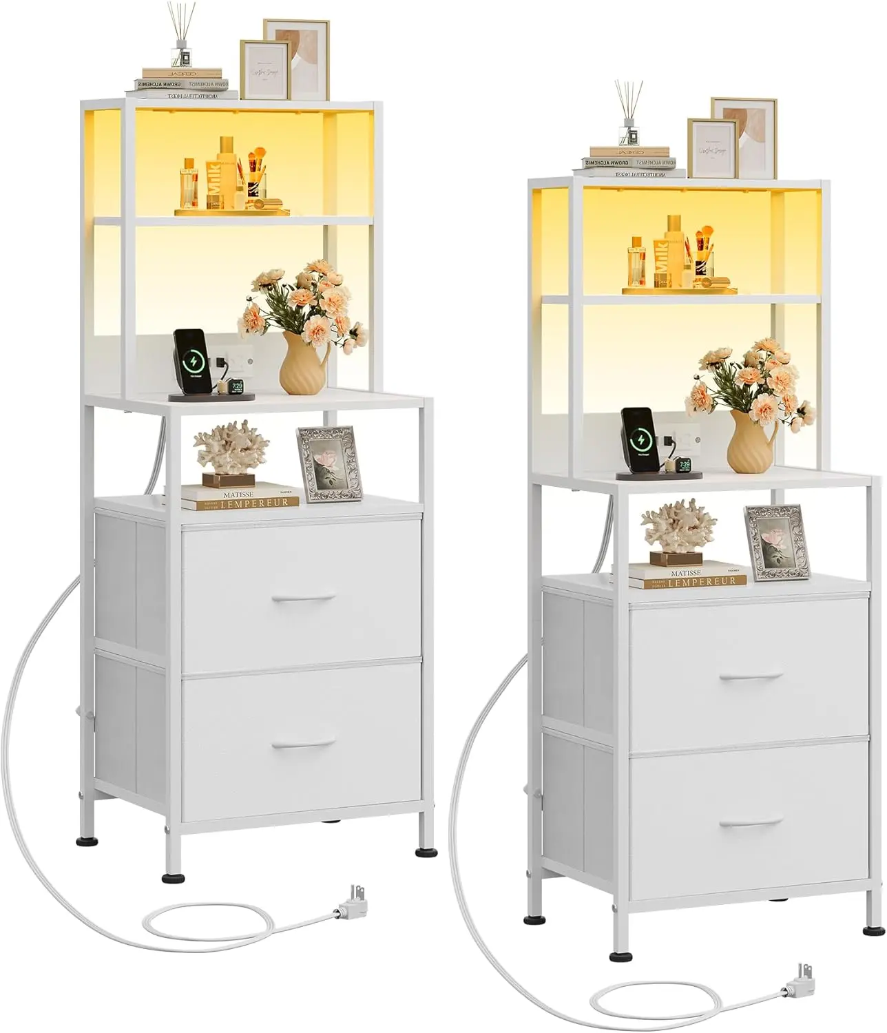WLIVE Tall Nightstand Set of 2 with Charging Station, LED Night Stands with 2 Fabric Drawers and 4 Storage Open Shelves, Bedside Table Sets for Bedroom, Living Room, Office, White