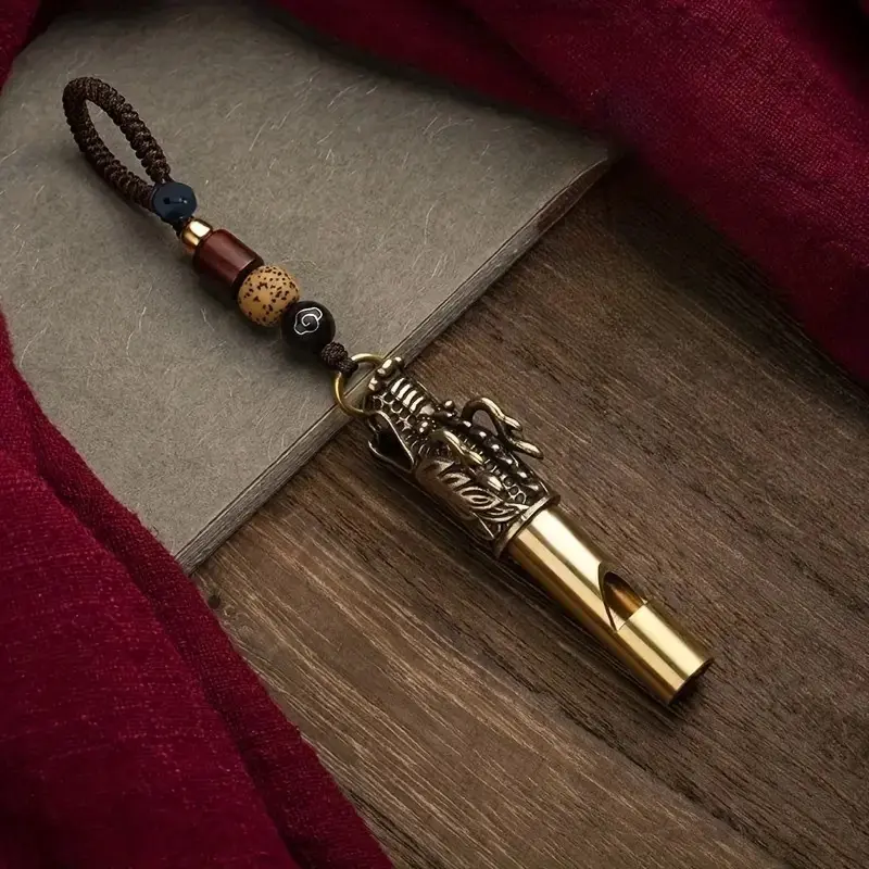 Brass Survival Whistle with Traditional Chinese Motif, Keychain Size Survival Gear for Hiking Camping - Decorative Car Key Accessory