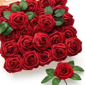 Mocoosy 50 Pcs Artificial Flowers Red Roses Bulk, Real Looking Fake Foam Roses with Stems DIY Wedding Bouquet Floral Arrangement Bridal Shower Centerpieces Valentines Day Party Home Table Decorations