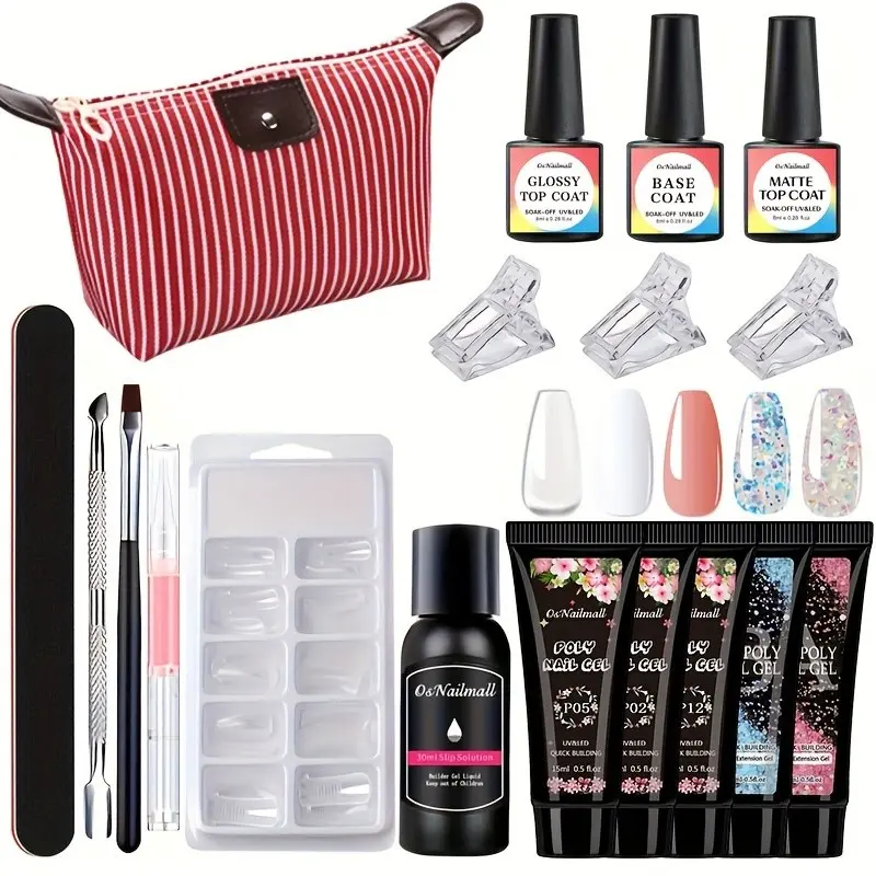 OsNailmall 17pcs/set Poly Nail Extension Gel Kit, 5 colors Nail Poly Gel , Includes Nail Clip & Brush, Ideal for Beginners, Spring/summer Nail Care Essentials, Polygel Nails, Poly Gel Nail Kit Complete, Polygel Nail Kits
