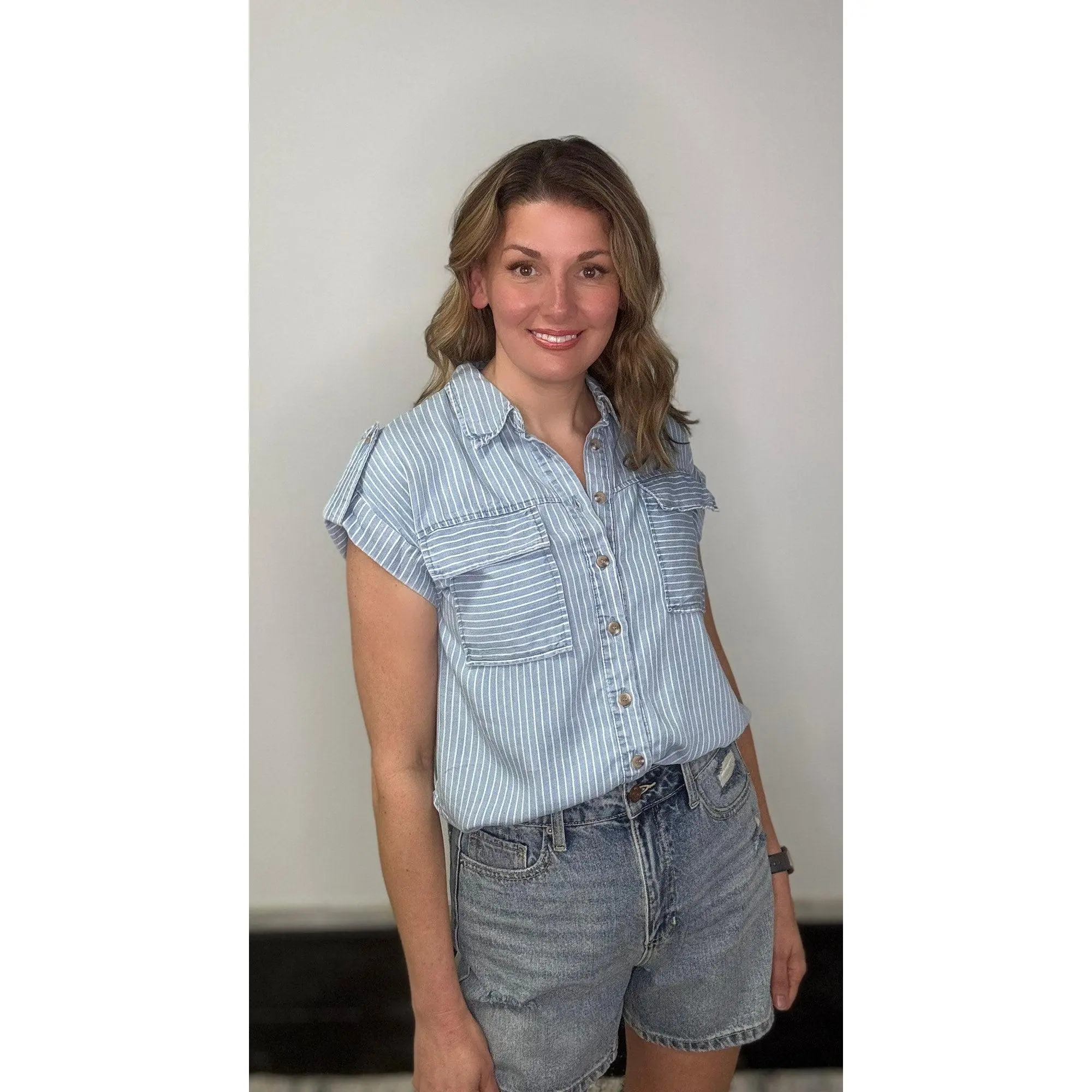 Belinda Striped Button Down Chambray Short Sleeve Top