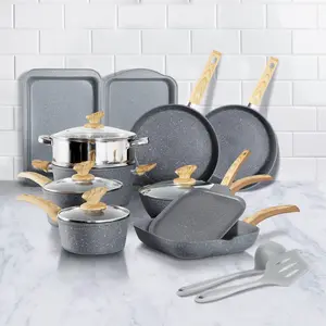 Kitchen Academy Induction Cookware Set - 17 Piece Gray Cooking Pan Set, Granite Non-Stick Pots and Pans Set, Silicone Square Fry Frying Lid - Saucepan