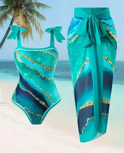 Women's Marble Print One-Piece Swimsuit with Cover Up Skirt, Slimming Tummy Control Bathing Suit Set for Beach Vacation