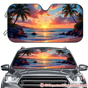 1pc tropical beach sunset scenery car sunshade 2D high-definition printing, car sunshade effectively blocks sunlight, suitable for trucks SUV、 General Motors windshield decoration