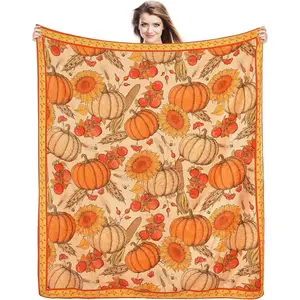 Fall Throw Blanket Pumpkin Fleece Flannel Blanket Farmhouse Thanksgiving Gifts Soft Cozy Plush Blankets for Couch Bed Sofa Fall Decor 60"X50", 1 count, Print on One Side with a Plain White Back
