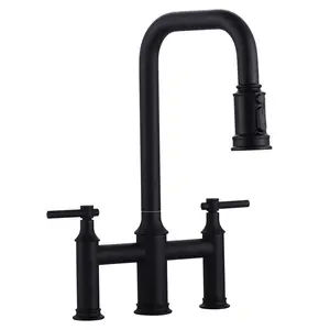 WOWOW Vintage Brass Bridge Kitchen Faucet - 3-Hole Installation, Double Handles, Pull-Down Spout, 360° Swivel, 3 Spray Modes, Multi-Outlets, Anti-Splash, Matte Black