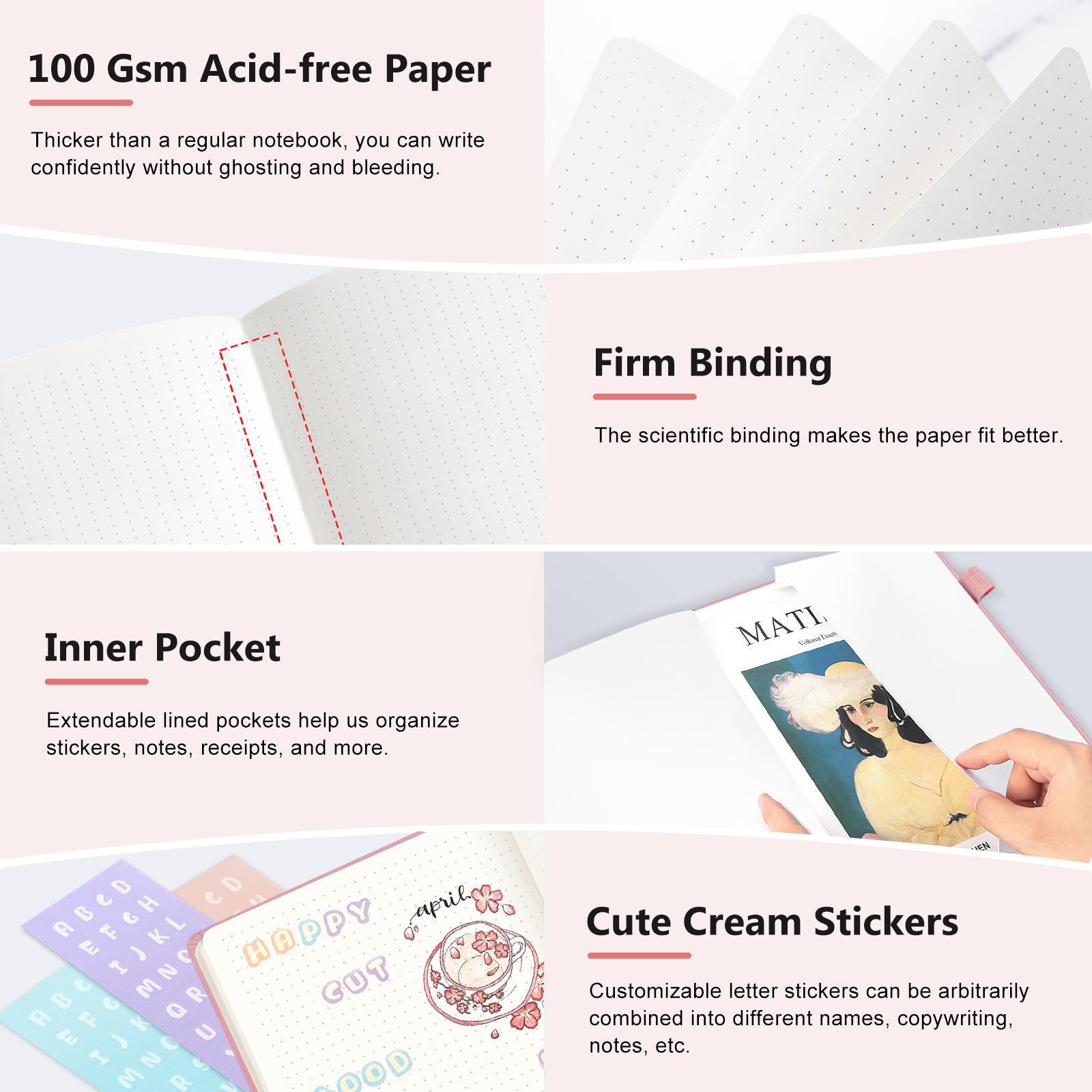 Dotted Journal Bullet Notebooks with Pen Loop, Hardcover Leather Notebook, 100Gsm Premium Thick Paper with Inner Pocket, Stickers, A5, 5.7 x 8.3 inches, Best Gift