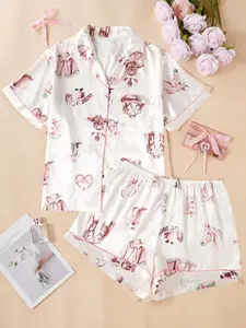 【Plus Size】 Cartoon Cow Print Shirt & Shorts Pyjama Set, Comfort PJ Set for Homewear, Women's Sleepwear for All Seasons, Loungewear