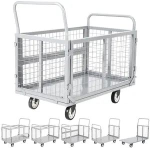 Garvee Platform Truck Cart with Cage,Heavy Duty Hand Moving Cart 2000LBS Capacity Multi-Functional Cage Carts with Basket for Warehouse Luggage Moving,39 x 24in,Silver