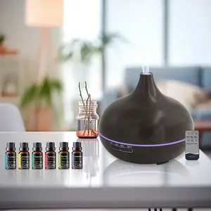 550ml Ultrasonic Aroma Diffuser Humidifier with Elegant Wood Grain Finish, Remote Control, 7 Color Ambient Lighting & 6 Therapeutic Grade Oils - Essential Oil Aroma Diffuser, Waterless Fragrance Oil Diffuser, Home Humidifiers, d is ff user