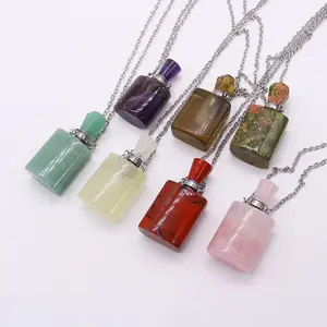 Natural Crystal Reiki Amethyst Perfume Bottle Necklace, Essential Oil Diffuser Pendant, Women's Fashion Jewelry, Spring Glow-Up Gift