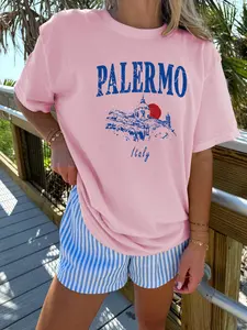 Women's PaleRmo City & Letter Print Round Neck Graphic Tee, Vintage Trendy Casual Drop Shoulder Short Sleeve T-shirt for Daily Wear, Ladies All Seasons Outfit