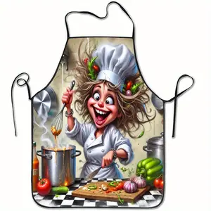 1 cute chef apron with a smiling female chef print and French chef hat design - polyester kitchen apron suitable for baking, cooking, coffee making, and other uses, durable cooking apparel suitable for home and professional chefs, Funny Apron