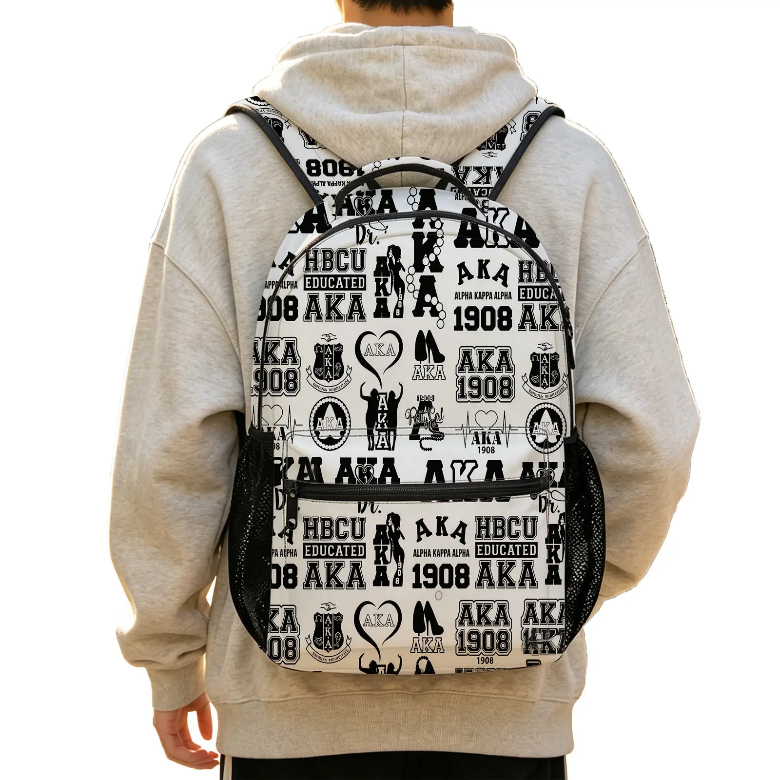 AKA 1908 Sorority Printed Backpack, HBCU Educated Black and White School Bag, Large Capacity Laptop Bookbag for Women