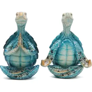 2Pcs Sea Turtle Meditating Yoga Statues Resin Zen Turtle Figurines for Beach Home Office Bedroom Beachy Decor