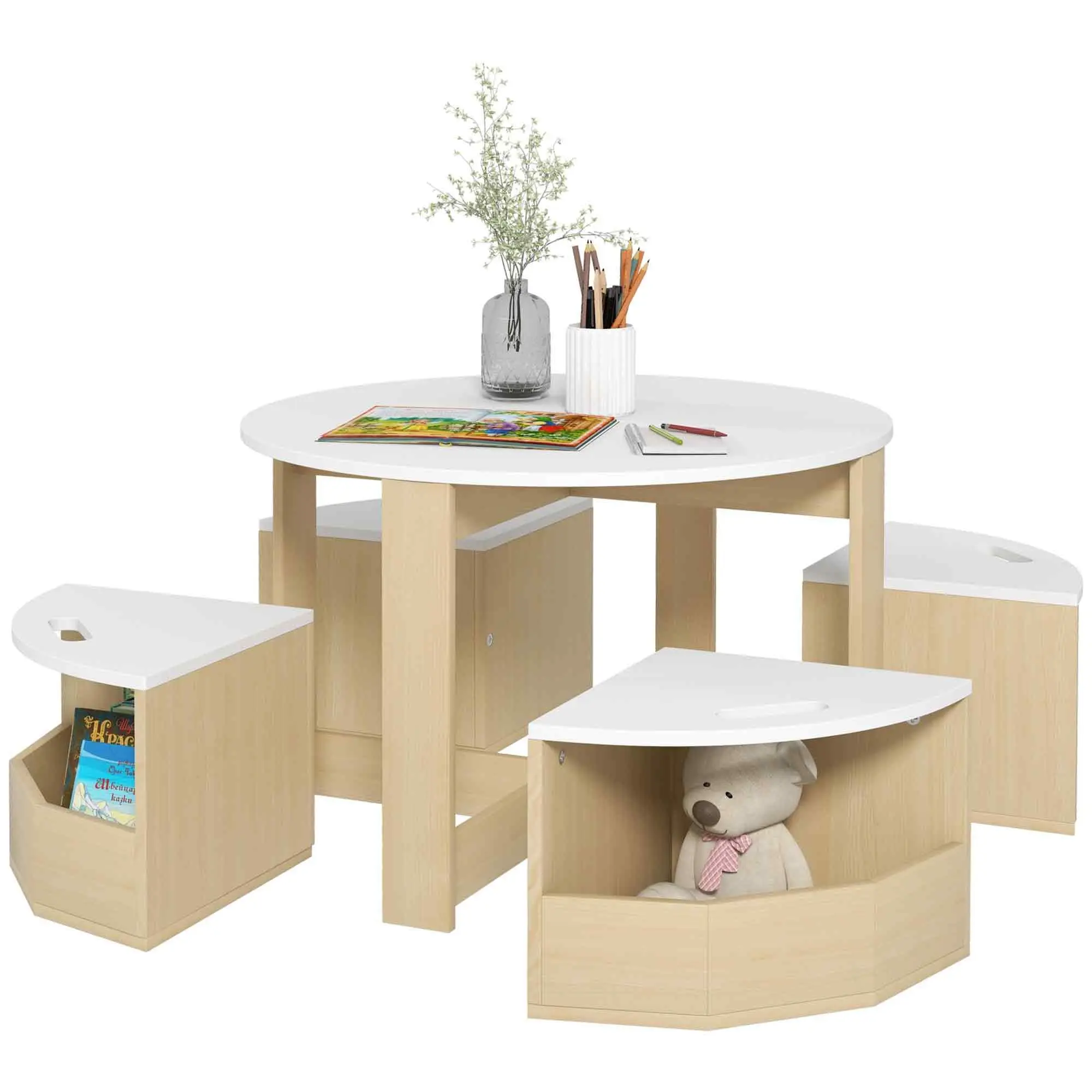 Qaba Toddler Table and Chairs Set, 5 Pieces Round Kids Activity Table with Storage for Play, Art, Craft, Drawing, Playroom, Classroom, Nursery, White