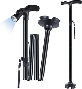 Folding Cane with Led Light, Adjustable Canes and Walking Sticks for Seniors, Walking Cane Stick for Men and Women with Cushion 2 T Handle and Pivoting Quad Base for Arthritis Disabled and Elderly durable walking stick