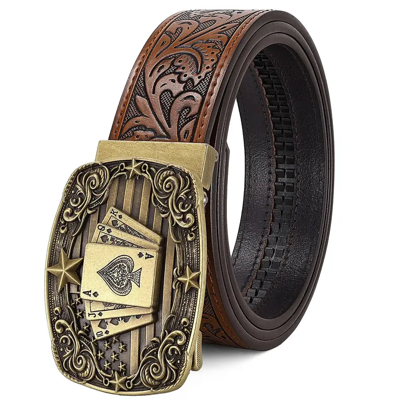 BELTROAD Men's Western Ratchet Cowboy Cowgirl Belt - 100% Embossed Cow Hide Leather, Auto-Adjusting Band, Automatic Lock Steer Skull Buckle, Animal Graphic for Jeans, Men's Fashion Accessory