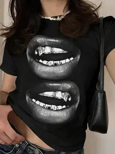 Double Black Lips Baby Tee | Y2K Aesthetic Graphic Top
