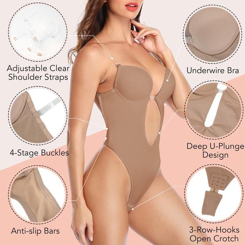 Women Shapewear Backless Body Bra Shaper Deep Plunge Low Back Open Crotch Shapewear for Wedding Party Daily Use , Ladies Shapewear Strapless Deep U Plunge Bodysuit for Women Tummy Control Built In Bra Low Back Body Shaper