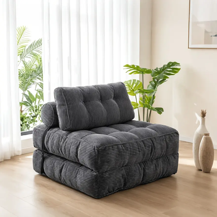 Folding Sofa Bed, Corduroy Convertible Sleeper Sofa with Pillow, Foldable Chair Bed with Back Support for Living Room & Bedroom, Black