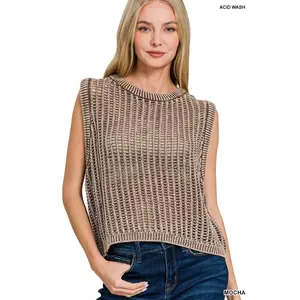 Acid Wash Fishnet Chunky Sleeveless Sweater Vest