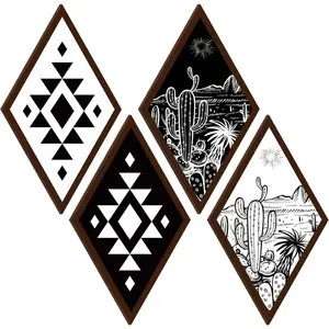 4 count Aztec Wall Decor Farmhouse Home Wall Decor Western Boho Wall Art Wooden Aztec  Sign Cactus  Geometric  Frame Wall Hanging (6.7 x 11.8 Inch)