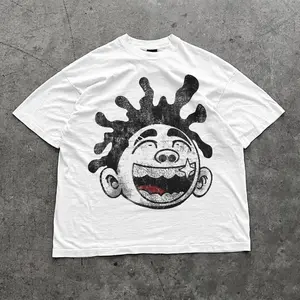 Laughing Cartoon Face Graphic Tee Mens Streetwear Crewneck Short Sleeve Oversized Boxy Fit Washed Look Cotton Shirt for Casual Everyday Outfits