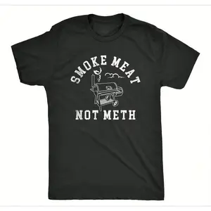 Black Short Sleeve T-shirt with White "SMOKE MEAT NOT METH" Text and Grill Graphic in Contrast Design