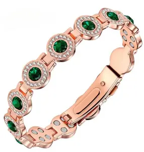4X Strength Magnetic Copper Bracelet 3800 Gauss Magnets for Women with Rose Gold Plating and Green Gemstones