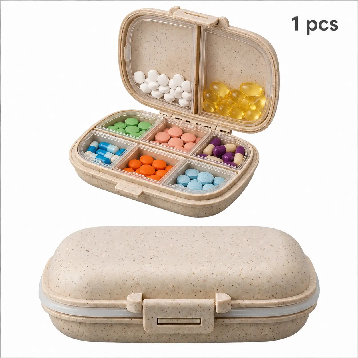 8-Grid Eco Wheat Pill Organizer - Moisture-Proof Weekly Medication Case, Portable Daily Vitamin Storage Box for Travel & Senior Care (Home Organizer)