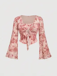 Elegant Floral Print Bell Sleeve Top & Tailored Skirt Set, French Romantic Style, Sheer Chiffon Fabric, High Waist Ruched Design