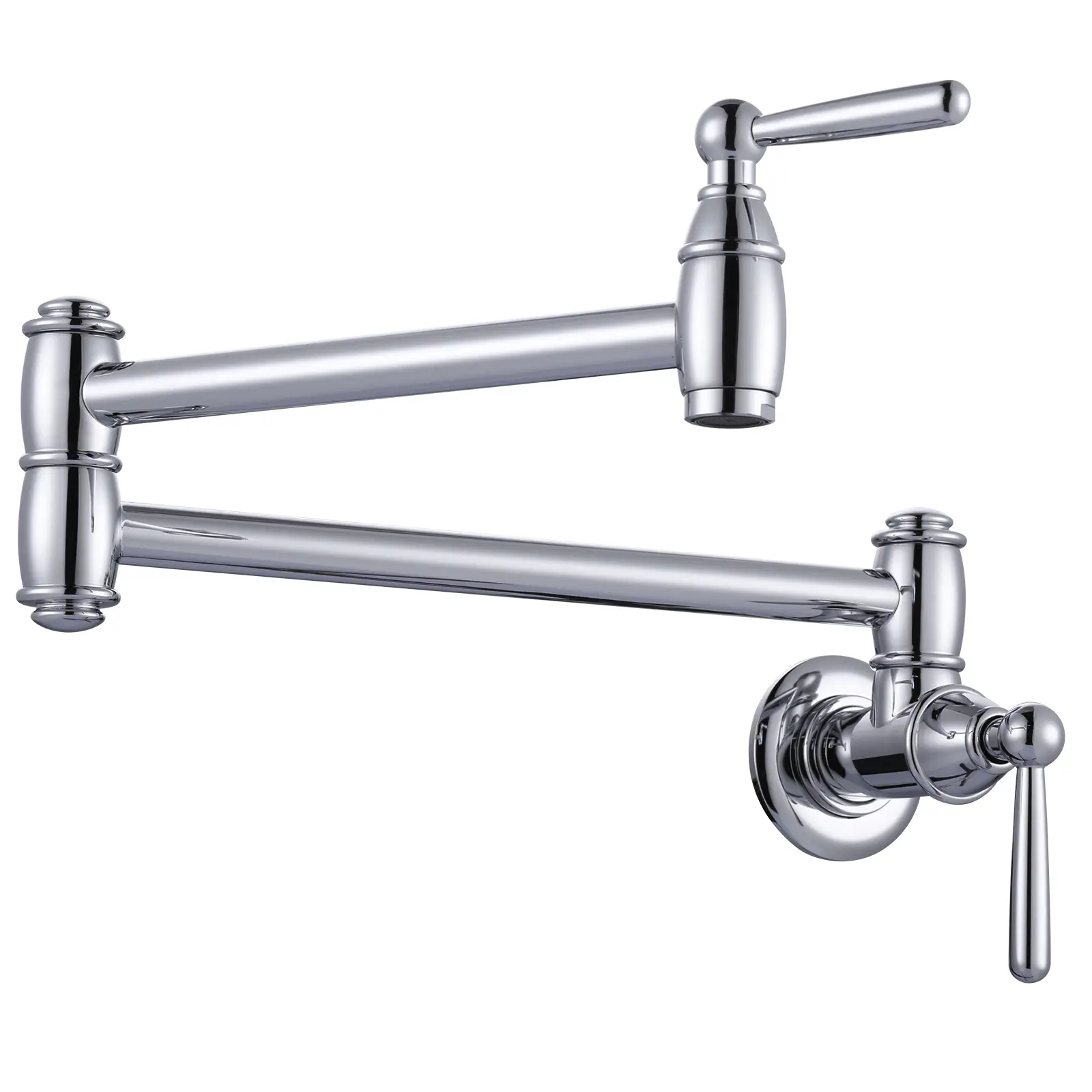 WOWOW Modern Chrome Wall-Mounted Brass Body Folding Kitchen Tap - 2 Handles, Double Joint 360-Degree Swivel Dual Arms, Modern Glam Design, 4 GPM, 1/2 NPT Threads, 21 in for Stove Pot Filling, Classic for Kitchens & Garden Use