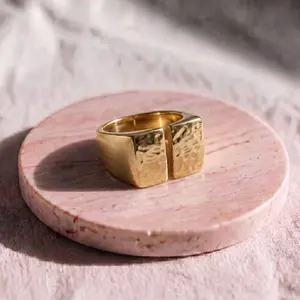 Unisex Solid Signet-Shape Open Brass Ring - Artisan-Crafted Adjustable Fitted Classic Gold Handmade Costume Jewelry Fashion Accessory, Gold Rings