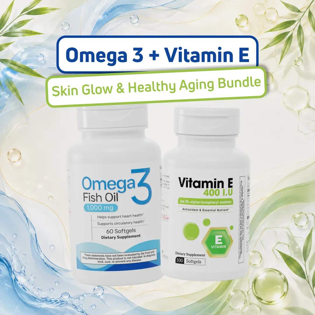Omega-3 Fish Oil 1000 mg & Vitamin E 400 IU Bundle for Skin Hydration Protection and Radiance Anti-Aging Supplements, Natural, Dietary