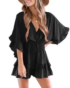 FMEYOA Womens V Neck Beach Romper Ruffle Layered Drawstring Waisted Shorts Jumpsuit