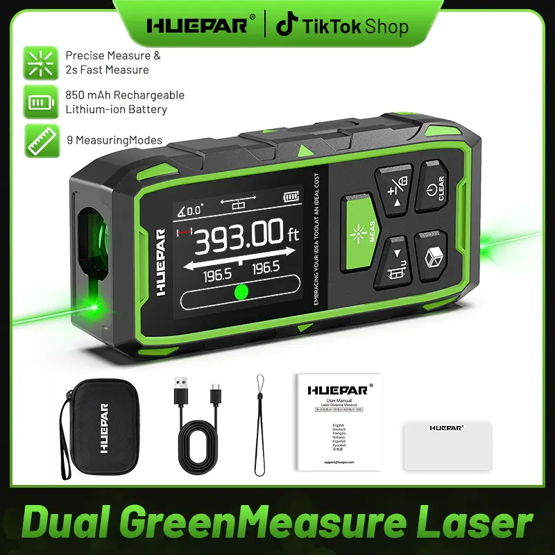 Huepar Professional Dual Laser Measuring Tool 393ft, Rechargeable Bilateral Laser Measurement Tool Backlit LCD, Digital Laser Distance Measure 6 Units, Multi Mode Length/Area/Volume/Angle Sensor, Laser Tape Measure, Dual Laser Beam