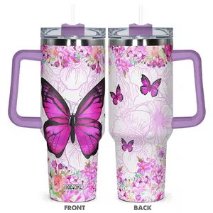 Floral & Butterfly Pattern Tumbler, 40oz Stainless Steel Insulated Cup, Durable Water Bottle, Perfect Gift for Women, Girls, Butterfly Lover Gift, Drinkware
